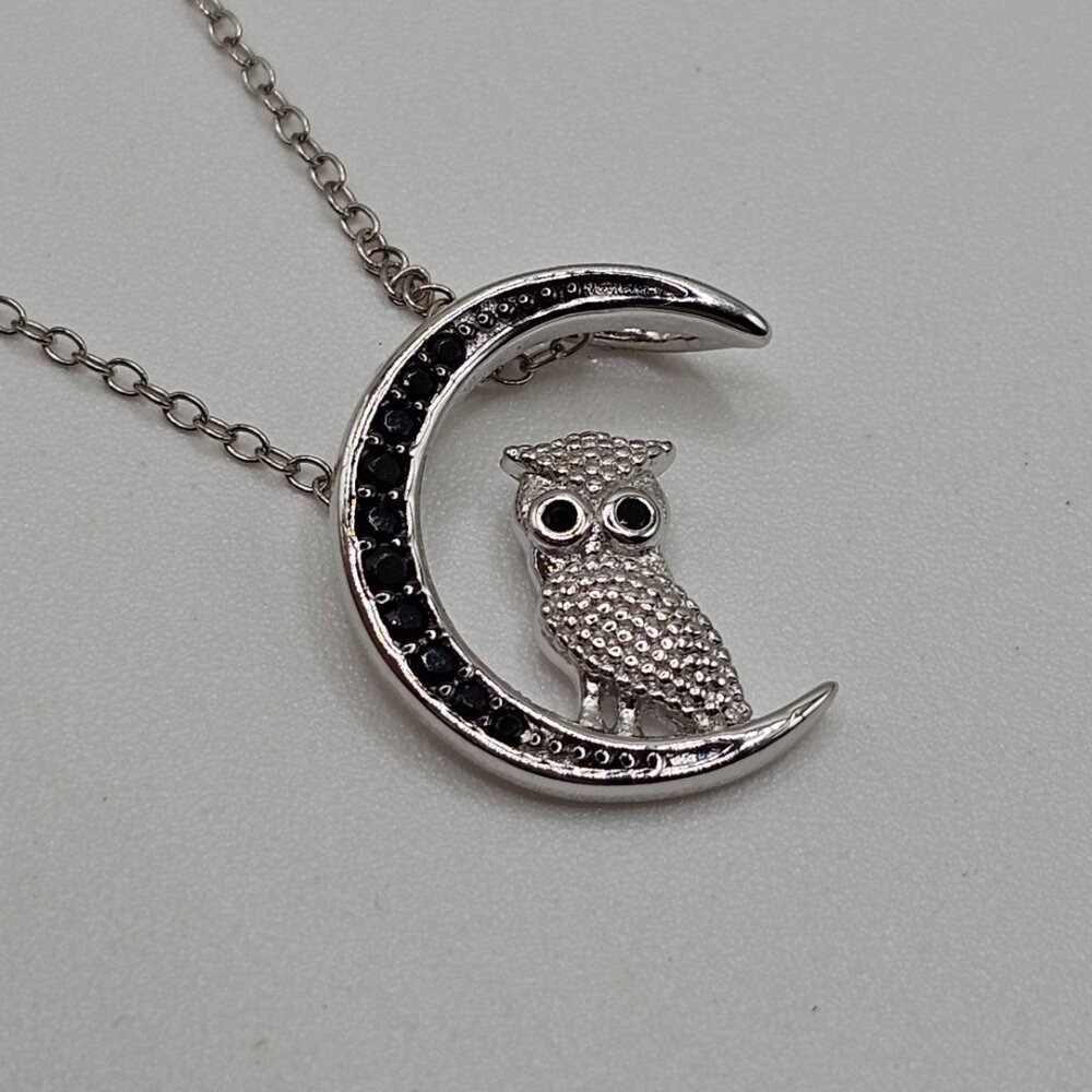 Sterling Silver 925 Rhodium Plated CZ Black Moon and Owl Pendant Necklace - Picture 10 of 10